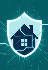 House silhouette with glowing shield and electric blue circuit lines on teal background
