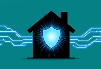 House silhouette with glowing shield and electric blue circuit lines on teal background
