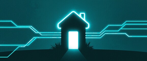 House silhouette with glowing shield and electric blue circuit lines on teal background