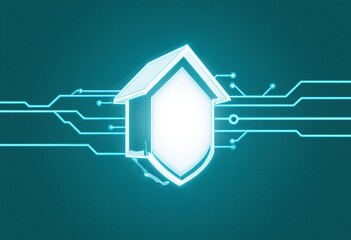 House silhouette with glowing shield and electric blue circuit lines on teal background
