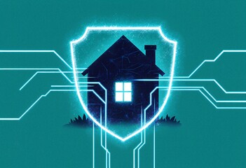 House silhouette with glowing shield and electric blue circuit lines on teal background