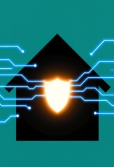 House silhouette with glowing shield and electric blue circuit lines on teal background