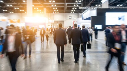 a large convention center hall filled with many people walking around mostly seen from the back with blurred motion and bright light