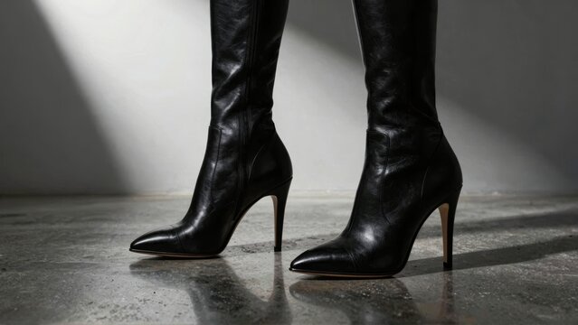 Black knee-high leather boots on concrete floor