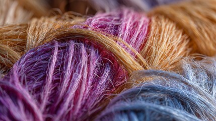 Close-up showcases a vibrant, intertwined bundle of colored fibers. Soft light emphasizes the texture and diverse hues