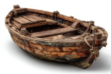 Weathered wooden rowboat ready for nautical travel on calm waters in a scenic location with colorful paint, showcasing years of use and adventure