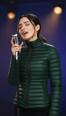 Young, dark hair woman in quilted padded jacket zipped fully up to the neck, she is singing