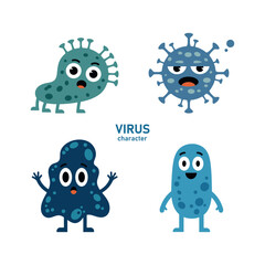 Cute virus character set in flat style. Funny and friendly microorganism with different shapes and expressions. Design for education, healthcare, children, science and medical illustrations.