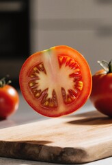 Fresh tomato slice floats above a wooden surface with whole tomatoes visible in the background