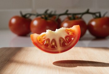 Fresh tomato slice floats above a wooden surface with whole tomatoes visible in the background