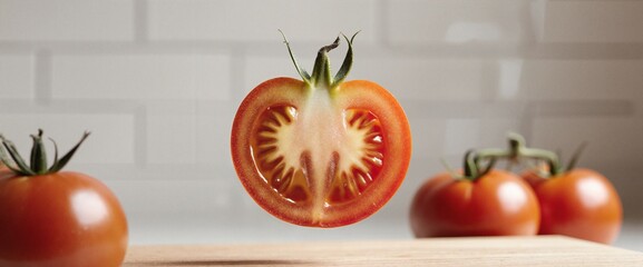 Fresh tomato slice floats above a wooden surface with whole tomatoes visible in the background