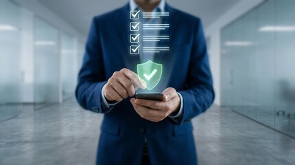 a businessman is interacting with a smartphone displaying a series of checkmarks and a shield icon symbolizing security and successful completion of tasks