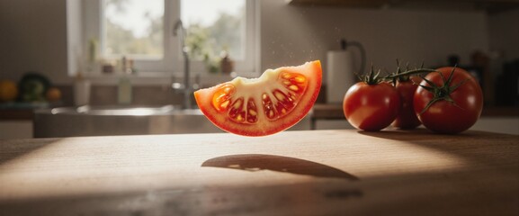 Fresh tomato slice floats above a wooden surface with whole tomatoes visible in the background