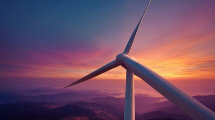 A close-up of a wind turbine against a vibrant sunset over a mountainous landscape