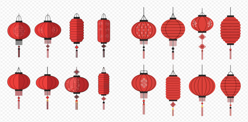 Set of various red Chinese lanterns for traditional festive decoration.