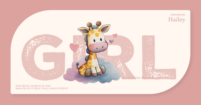 Baby Shower Invitation with Cute Giraffe on Cloud &ndash; Hailey's Baby Girl Shower