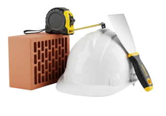 a transparent glossy hard hat, red perforated brick, measuring tape, and putty knife arranged in a close-up studio still life on a transparent seamless background. concept of quality craftsmanship
