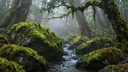 Mossy rocks and stream in misty forest