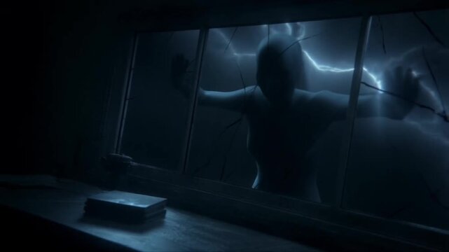 Blurred ghost silhouette pressing scratching frosted glass, dark abandoned room, flickering red blue lights, eerie fog, dust particles, horror cinematic nightmare suspense, creepy atmosphere, high res