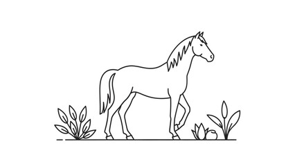 Fototapeta premium A continuous line drawing of a horse walking through a simple landscape with plants