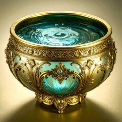 装飾的なボウルに満たされた青い水面に波紋が広がる、神秘的で静かな雰囲気のアート写真