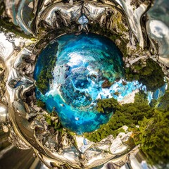 海と森が融合した惑星のような世界を描いた、俯瞰視点の神秘的で幻想的なアートイメージ