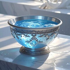 装飾的なボウルに満たされた青い水面に波紋が広がる、神秘的で静かな雰囲気のアート写真