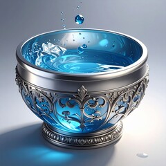 装飾的なボウルに満たされた青い水面に波紋が広がる、神秘的で静かな雰囲気のアート写真