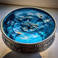 装飾的なボウルに満たされた青い水面に波紋が広がる、神秘的で静かな雰囲気のアート写真