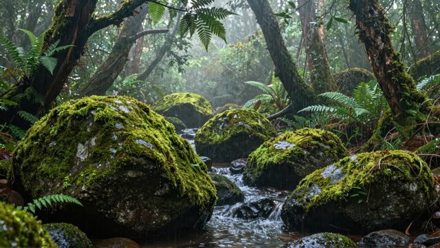 Rainforest stream with mossy rocks and ferns in misty rain