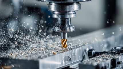 A close-up of a machine drilling into a metal block, wood shavings flying around