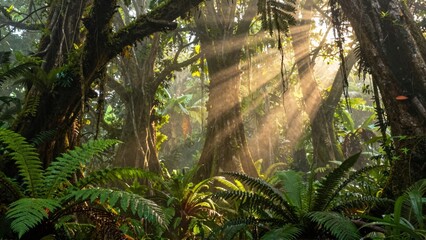 Sunlight filtering through misty rainforest canopy