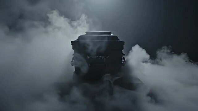 Dark casket enveloped in smoke. Concept of death, funeral, and loss. Somber farewell, remembrance, and mourning.