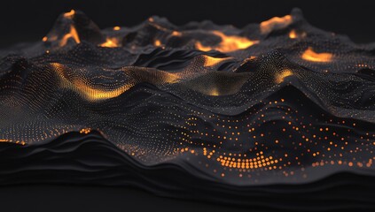 A black background with orange glowing dots forming the shape of undulating waves, creating an abstract digital art style.