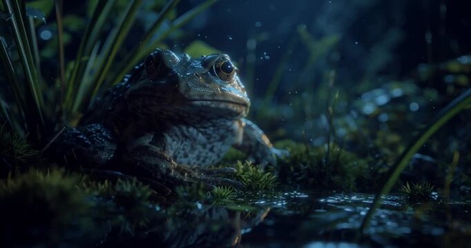 A cinematic view of a sleeping frog in a serene natural environment surrounded by lush greenery and water
