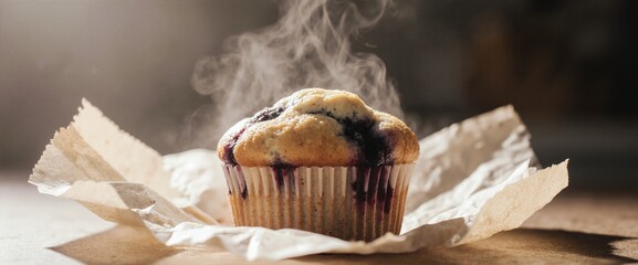 Freshly baked blueberry muffin steaming on parchment paper in warm kitchen light