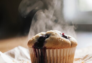 Freshly baked blueberry muffin steaming on parchment paper in warm kitchen light