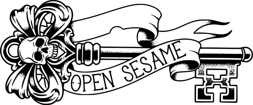 Vector Neo-Traditional Blackwork: Skeleton Key with Banner
