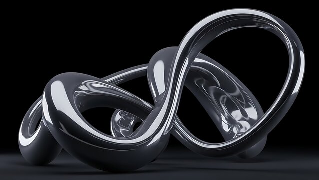 A chrome abstract sculpture twisting in an endless loop against a dark background