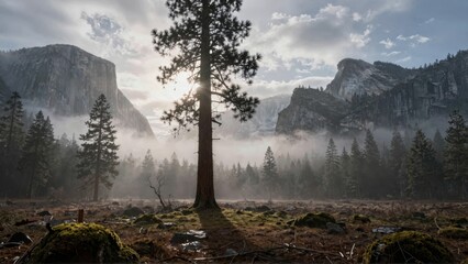 Pine tree in misty mountain forest at sunrise