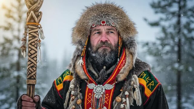 Man in sami clothing holding a staff against snowy pine trees. Traditional shaman or chief tribal leader outdoors in winter scenery.