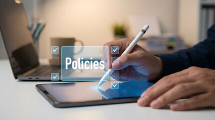 Fototapeta premium A person is digitally reviewing and approving company policies on a tablet with a laptop and office supplies nearby emphasizing modern compliance