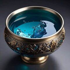装飾的なボウルに満たされた青い水面に波紋が広がる、神秘的で静かな雰囲気のアート写真
