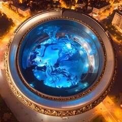夜の都市を包む巨大な円形構造と青い水の渦を描いた、近未来的で幻想的な俯瞰アート