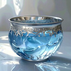 装飾的なボウルに満たされた青い水面に波紋が広がる、神秘的で静かな雰囲気のアート写真