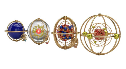 chronological steampunk atomic models (dalton, thomson, rutherford, bohr) made of highly polished brass and copper clockwork mechanisms on a transparent background. concept of historical scientific