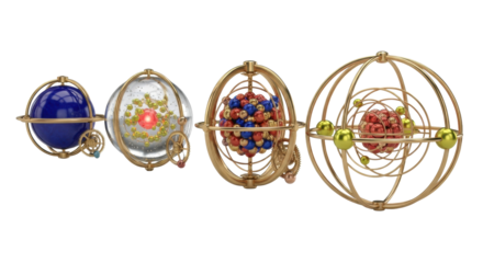 chronological steampunk atomic models (dalton, thomson, rutherford, bohr) made of highly polished brass and copper clockwork mechanisms on a transparent background. concept of historical scientific