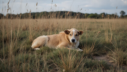 Dog in the Field: A loyal canine enjoys a serene moment amidst tall golden grass in a peaceful open field, its gaze direct and full of trust.