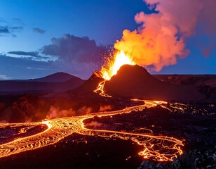 Volcanic eruption at dusk, spewing lava across a darkened landscape