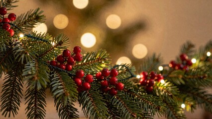 Obraz premium Evergreen branches with red berries and string lights